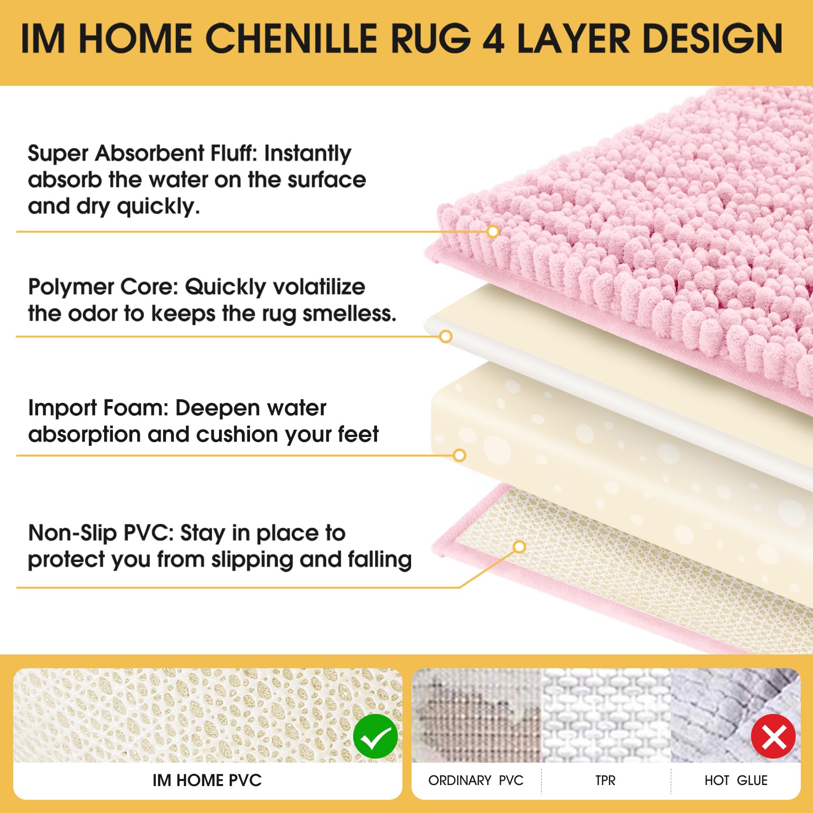 Accumtek Upgrade Extra Large Pink Bathroom Rug Set 3 Pieces Ultra Soft, Thick Absorbent Bath Mats, Non Slip Chenille Toilet Mat